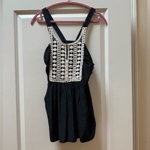 Prairie New York 100% Silk Tank Top – Black with White Crochet Panel